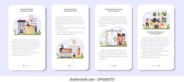 Real estate sector of the economy mobile application banner set. Real estate management, investment selection and mortgage development. Real estate industry. Vector flat illustration