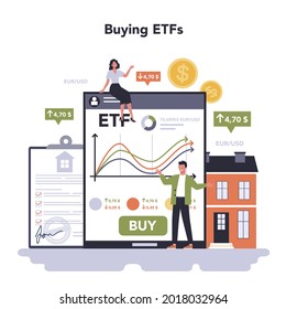 Real estate sector of the economy online service or platform. Real estate management, investment selection and mortgage development. Buying ETFs. Vector flat illustration