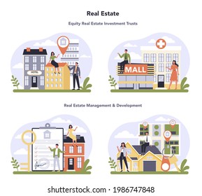 Real estate sector of the economy set. Real estate management, investment selection and mortgage development. Real estate industry. Vector flat illustration