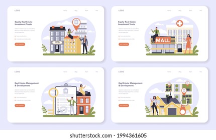 Real estate sector of the economy web banner or landing page set. Real estate management, investment selection and mortgage development. Real estate industry. Vector flat illustration