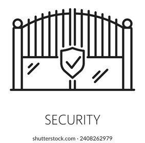 Real estate security outline icon with gates. Dwelling rent service line symbol, real estate property security company or apartment safety service line vector sign or pictogram with mansion gates