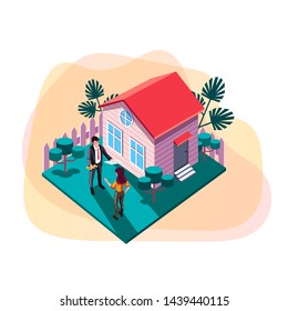Real estate sell and rent property house concept. Vector design graphic flat cartoon web page loading banner illustration
