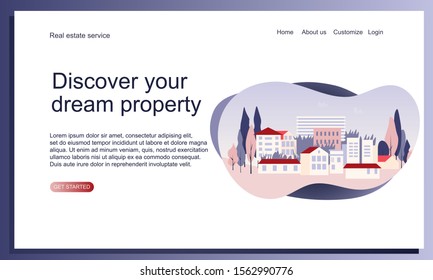  Real estate service concept. Group of houses. Discover your dream property. Web Design Landing Page Template