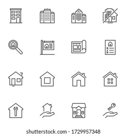 Real estate service line icons set, outline vector symbol collection, linear style pictogram pack. Signs, logo illustration. Set includes icons as apartment house, building blueprint plan, home repair