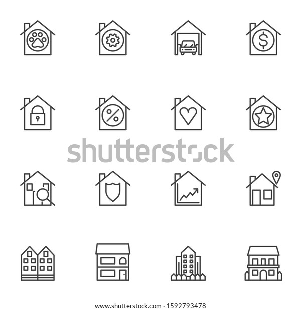 Real estate service line icons set. linear style\
symbols collection, outline signs pack. vector graphics. Set\
includes icons as car garage, mortgage house, home insurance,\
office building, rating\
star