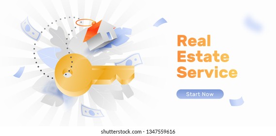 Real estate service vector banner template with big golden key and red roofed trinket house. 3D with gradients style.