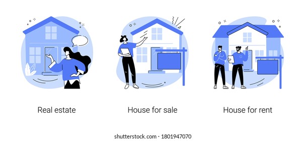 Real estate services abstract concept vector illustration set. Real estate agency, house for sale, house for rent, residential property market, rental listing, mortgage broker abstract metaphor.