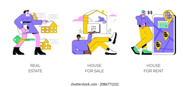 Real estate services abstract concept vector illustration set. Real estate agency, house for sale, house for rent, residential property market, rental listing, mortgage broker abstract metaphor.