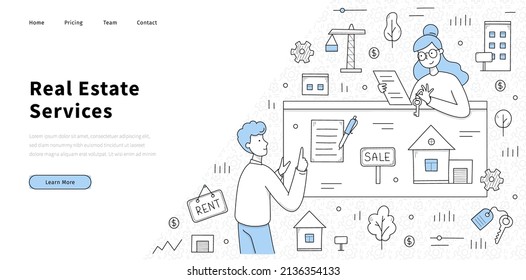 Real estate services banner for sale and rent property. Vector landing page of rental and purchase residential buildings with doodle illustration of man buy house from realtor holding keys