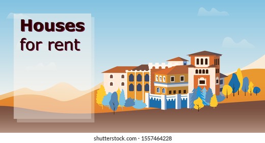  Real estate services concept. Website homepage landing web page template. Row of houses and trees, town view.  Vector illustration in flat style for advertisement of property selling o renting.
