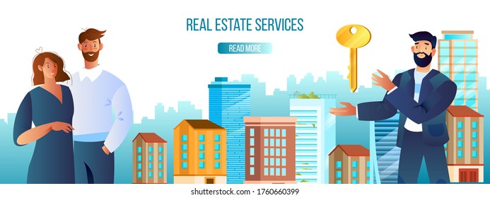 Real estate services concept with young couple searching for new house, male realtor, key, urban architecture. House for sale or rent banner in flat style with happy family, agent, city district