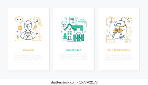 Real estate services - line design style banners set. Realtor, male agent, house sale and transaction ideas thin line illustrations with place for your text. Property operations, key transfer