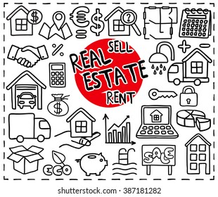 Real Estate set. Freehand doodle icons. Graphic elements collection. Searching for a house, renting, buying or selling property concept. Building, garage, map, handshake symbols. Vector illustration