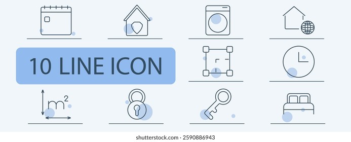 Real estate set icon. Calendar, secure home, washing machine, global property, area measurement, clock, square resize, padlock, key, bedroom.