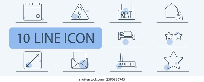 Real estate set icon. Calendar, warning, rental sign, property purchase, bedroom, rating, expansion, mail, internet router, star.