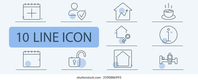 Real estate set icon. Calendar, user verification, house growth, coffee cup, house key, information, unlocked padlock, housing, accommodation.