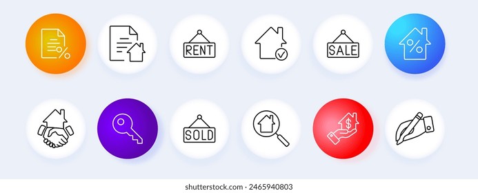 Real estate set icon. Contract, rent, sale, percentage, handshake, key, magnifying glass, sold sign, property, home. Real estate transaction, buying, selling, renting concept.