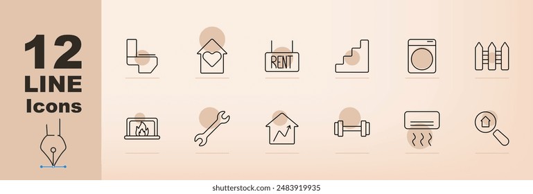 Icono de conjunto inmobiliario. Casa, signo de dólar, documentos, llaves, propiedad de la vivienda, administración de la propiedad, apartamentos, edificios residenciales, bienes raíces, vivienda, propiedad, servicios inmobiliarios