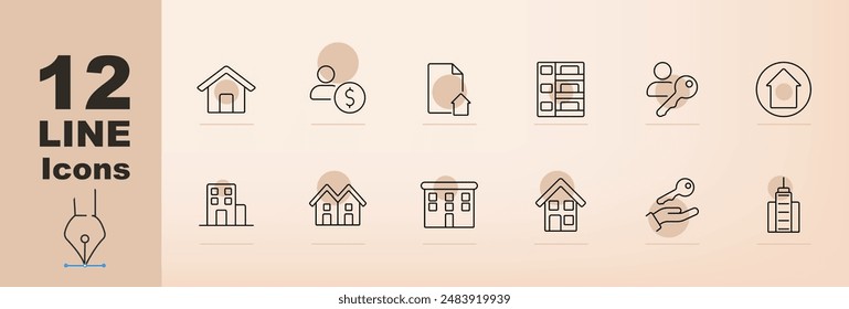 Real estate set icon. House, mortgage, money, documents, files, keys, apartment building, duplex, hand with key, skyscraper, home ownership, real estate management, property development