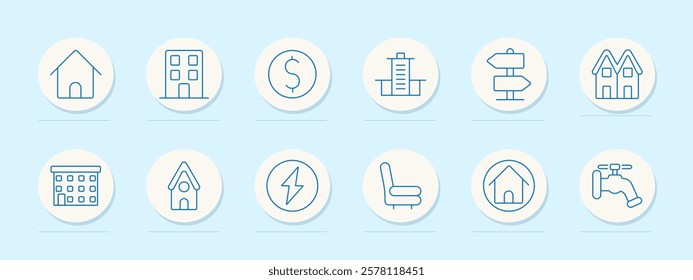 Real estate set icon. House, apartment, money, skyscraper, navigation, duplex, hotel, cottage, energy, furniture, property, plumbing