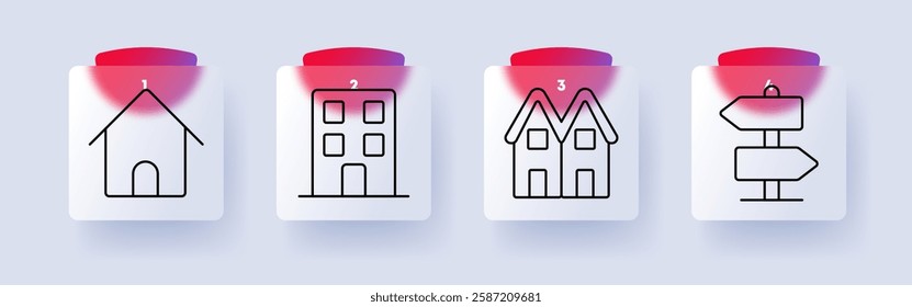 Real estate set icon. House, apartment, twin houses, direction sign, property, residential, living, navigation, urban planning, housing development, home ownership