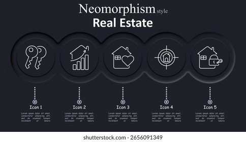 Icono de conjunto de bienes raíces. Par de llaves, casa con gráfico, casa con corazón, objetivo con hogar, casa con cerradura en estilo de interfaz neomórfica delineada basada en círculos.