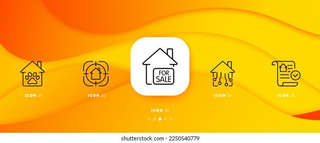 Real estate set icon. Private property, paw, target. aim, for sale, rental contract, agreement, rent, remote control, smart home, house. Business concept. Infographic timeline. Vector line icon