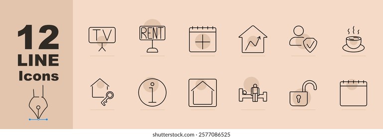 Real estate set icon TV, rent sign, calendar, house value, user approval, coffee cup, key, information, house, fitness, unlock, monthly calendar. Real estate, lifestyle, home