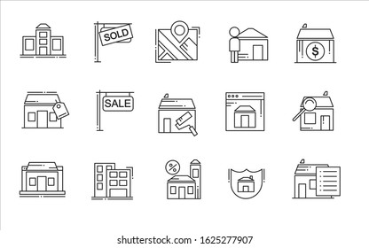 Real Estate. Set of Real Estate icons. Vector icons isolated on white background. Real Estate related icons such as Sale, Contract, Search, House, Real Estate website, etc. 