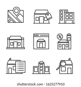 Real Estate. Set of Real Estate icons. Vector icons isolated on white background. Real Estate related icons such as Sale, Contract, Search, House, Real Estate website, etc. 