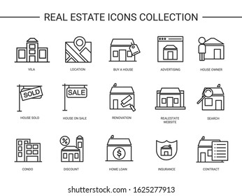 Real Estate. Set of Real Estate icons. Vector icons isolated on white background. Real Estate related icons such as Sale, Contract, Search, House, Real Estate website, etc. 