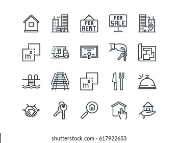 Real Estate. Set of outline vector icons. Includes such as Property, Keys, Blueprint and other. Editable Stroke. 48x48 Pixel Perfect.