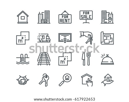Real Estate. Set of outline vector icons. Includes such as Property, Keys, Blueprint and other. Editable Stroke. 48x48 Pixel Perfect.