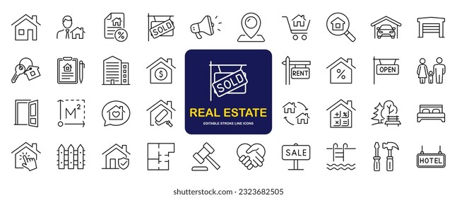 Real Estate set of web icons in line style. Realty icons for web and mobile app. Purchase and sale of housing, property, rental premises, insurance, realty, home loan, mortgage and more