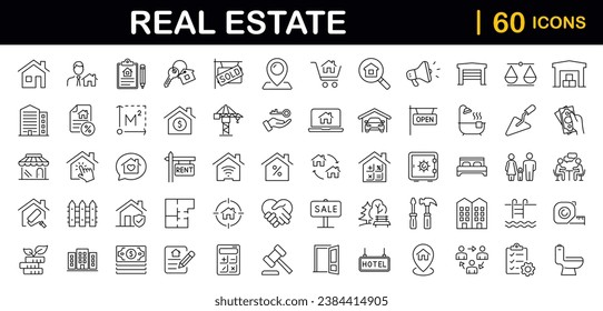 Real Estate set of web icons in line style. Realty icons for web and mobile app. Purchase and sale of housing, property, rental premises, insurance, realty, home loan, mortgage and more