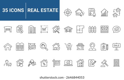 Real Estate set of web icons in line style. Realty icons for web and mobile app. Purchase and sale of housing, property, rental premises, insurance, realty, home loan, mortgage and more