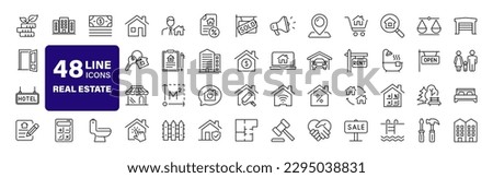 Real Estate set of web icons in line style. Realty icons for web and mobile app. Purchase and sale of housing, property, rental premises, insurance, realty, home loan, mortgage and more