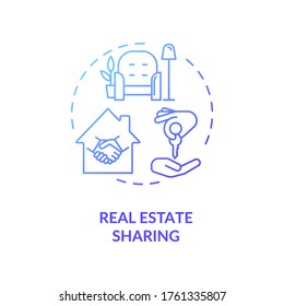 Icono de concepto de gradiente azul para uso compartido de bienes raíces. La convivencia comunitaria. Alquiler de propiedades. Apartamento en venta. Ilustración de línea delgada de la idea de coviviendas. Dibujo de color RGB con contorno aislado de vectores