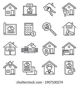 Real Estate Sign Black Thin Line Icon Set Include Of House Building And Key. Vector Illustration Of Icons