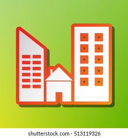 Real estate sign. Contrast icon with reddish stroke on green backgound.