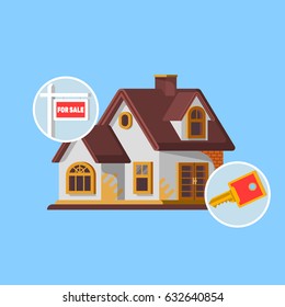 Real estate sign in front of new house for sale Flat vector illustration