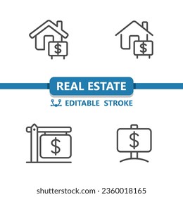Real Estate Sign Icons. For Sale, For Rent, Sold, Dollar, House Icon. Professional, 32x32 pixel perfect vector icon. Editable Stroke