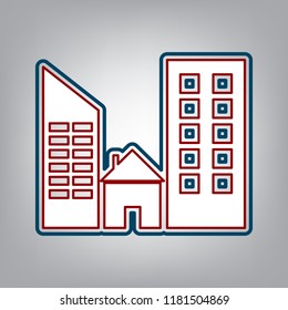 Real estate sign. Vector. Dark red, transparent and midnight green stroke of white icon at grayish background.