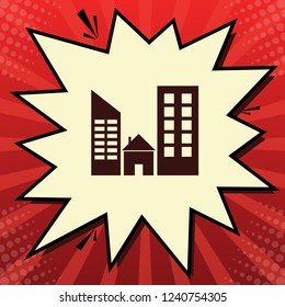 Real estate sign. Vector. Dark red icon in lemon chiffon shutter bubble at red popart background with rays.