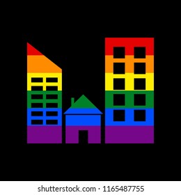 Real estate sign. Vector. Icon with colors of LGBT flag at black background.