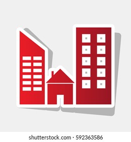 Real estate sign. Vector. New year reddish icon with outside stroke and gray shadow on light gray background.