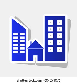 Real estate sign. Vector. New year bluish icon with outside stroke and gray shadow on light gray background.