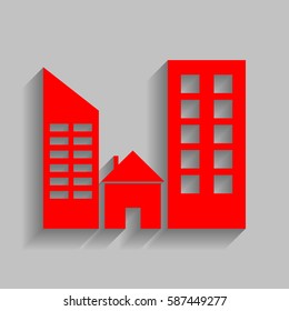 Real estate sign. Vector. Red icon with soft shadow on gray background.