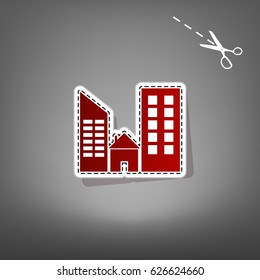 Real estate sign. Vector. Red icon with for applique from paper with shadow on gray background with scissors.