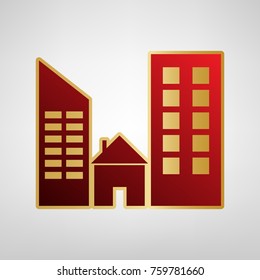 Real estate sign. Vector. Red icon on gold sticker at light gray background.